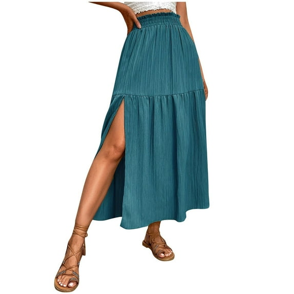 SHTXOZHI Womens High Waisted Flowy Slit Skirts Summer Casual A-Line Tiered Beach Skirt