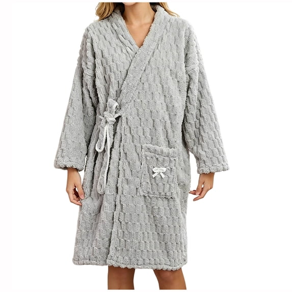 SHTXOZHI Womens Knee Length Bathrobes Long Sleeve Fleece Robes Cute Side Tie Homewear Solid Color Warm Sleepwear