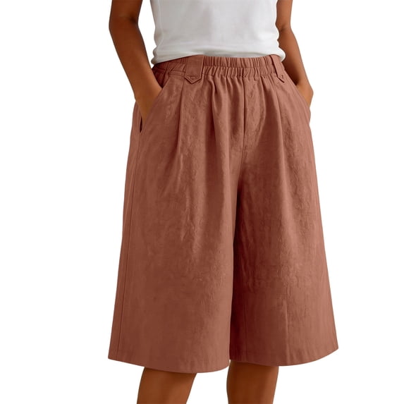 SHTXOZHI Womens Knee Length Shorts High Waisted Plus Size Shorts Summer Loose Textured Pants with Pleated and Pockets