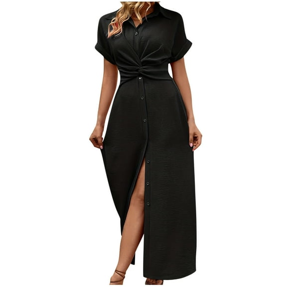 SHTXOZHI Womens Knot Front Casual Maxi Dress with Slit Short Sleeve Button Down A-Line Long Dress