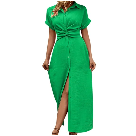 SHTXOZHI Womens Knot Front Casual Maxi Dress with Slit Short Sleeve Button Down A-Line Long Dress