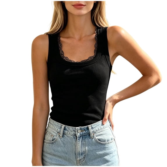 SHTXOZHI Womens Lace Trim Tank Top Square Neck Ribbed Knit Shirt Summer Casual Vacation Going out Blouse