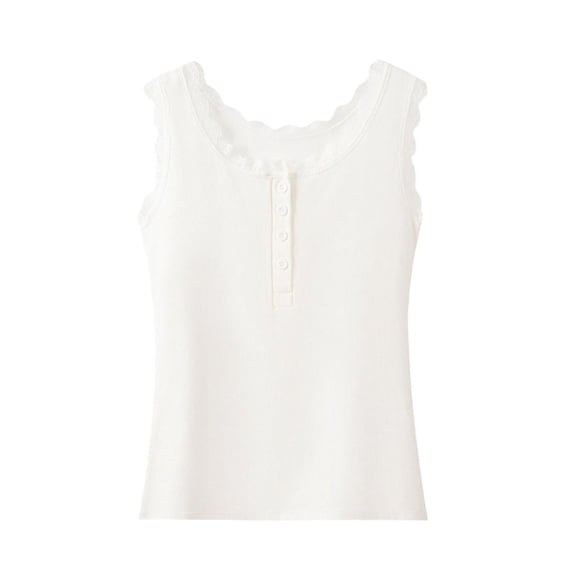 SHTXOZHI Womens Lace Trim Tank Tops Scoop Neck Ribbed Button Front Shirts Summer Comfortable Casual Layering Tees