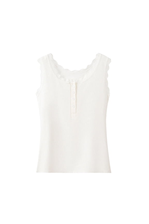 Womens Lace Trim Tank Tops Scoop Neck Ribbed Button Front Shirts Summer Comfortable Casual Layering Tees