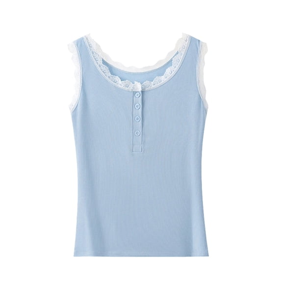 SHTXOZHI Womens Lace Trim Tank Tops Scoop Neck Ribbed Button Front Shirts Summer Comfortable Casual Layering Tees
