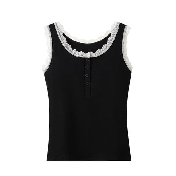 SHTXOZHI Womens Lace Trim Tank Tops Scoop Neck Ribbed Button Front Shirts Summer Comfortable Casual Layering Tees