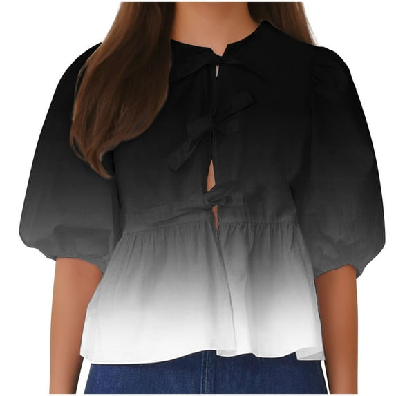 SHTXOZHI Womens Lace-up Front Tops Puff Short Sleeve Babydoll Cute Blouse 2024 Summer Shirts