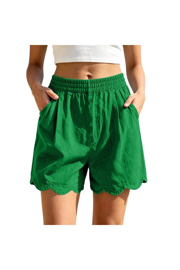 Womens Linen Shorts High Waisted Elastic Scallop Hem Pants Casual Loose Summer Beach Shorts with Pockets