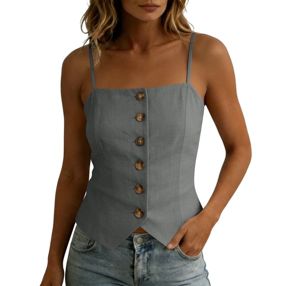 SHTXOZHI Womens Linen Tank Tops Spaghetti Strap Button Front Cropped Tees Square Neck Comfortable Casual Top