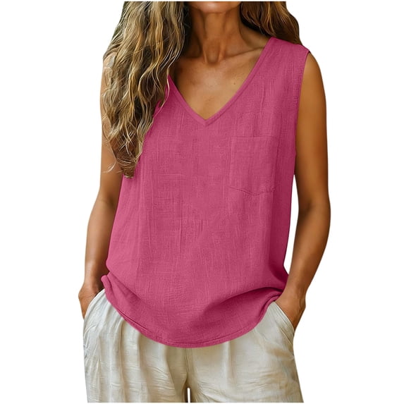 SHTXOZHI Womens Linen Tank Tops Wide Strap V Neck Loose Tanks Summer Beach Vacation Sleeveless Tops with Pocket