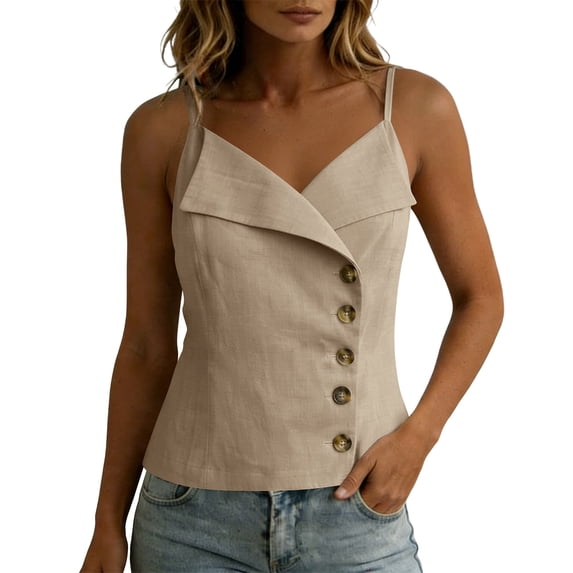 SHTXOZHI Womens Linen Wrap Neck Tank Tops Spaghetti Strap Button Front Cropped Tees Casual Sleeveless Basic Shirts