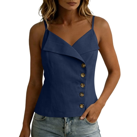 SHTXOZHI Womens Linen Wrap Neck Tank Tops Spaghetti Strap Button Front Cropped Tees Casual Sleeveless Basic Shirts
