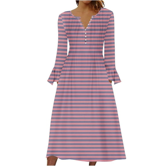 SHTXOZHI Womens Long Bell Sleeve Button Up Dress V Neck A-Line Printed Loose Dress with Pockets