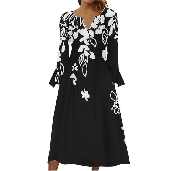 SHTXOZHI Womens Long Bell Sleeve Button Up Dress V Neck A-Line Printed Loose Dress with Pockets