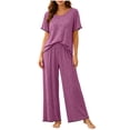 thumbnail image 1 of SHTXOZHI Womens Loose Wide Leg Pants Pajamas Set Short Sleeve Crew Neck Top Comfortable Soft Printed Sleepwear, 1 of 6
