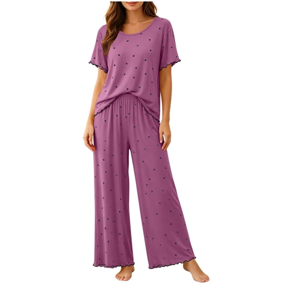 SHTXOZHI Womens Loose Wide Leg Pants Pajamas Set Short Sleeve Crew Neck Top Comfortable Soft Printed Sleepwear