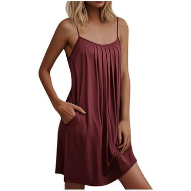 SHTXOZHI Womens Nightgown Spaghetti Adjustable Straps Sleeveless Pleated Casual Sundresses with Pockets
