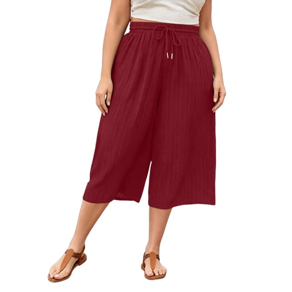 SHTXOZHI Womens Plus Size Capris Drawstring Elastic Waisted Ruched Cropped Pants Summer Beach Casual Trousers