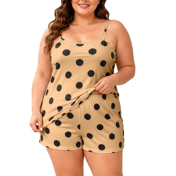 SHTXOZHI Womens Plus Size Polka Dot Printed Pajamas Set Breathable Sleeveless Cropped Sleepwear Elastic Homewear