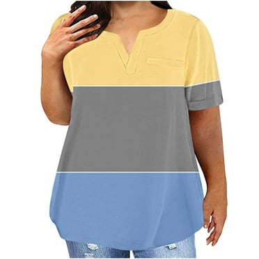 SHTXOZHI Womens Plus Size Summer Tops Short Sleeve Color Block Tees V Neck Casual Shirts 2024