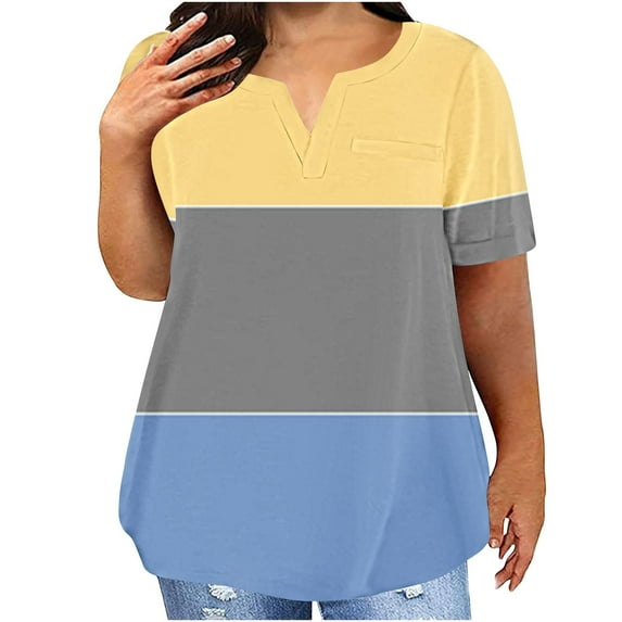 SHTXOZHI Womens Plus Size Summer Tops Short Sleeve Color Block Tees V Neck Casual Shirts