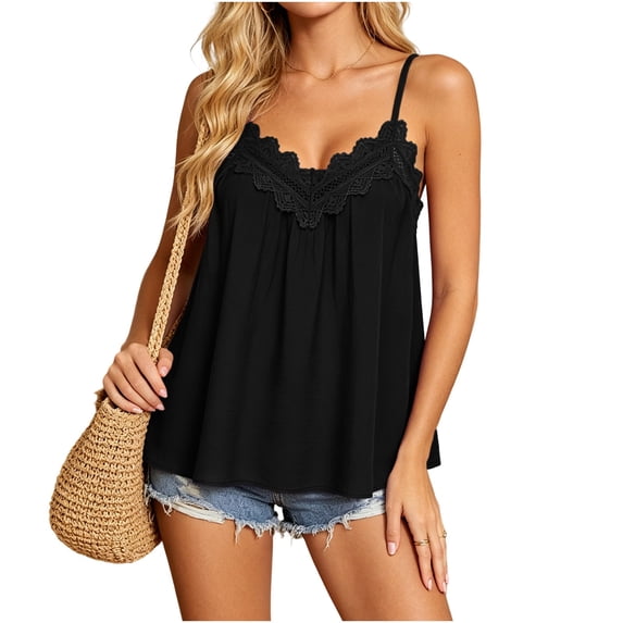 SHTXOZHI Womens Plus Size Tank Top Lace Trim V Neck Spaghetti Strap Shirt Summer Beach Vacation Pleated Flowy Blouse