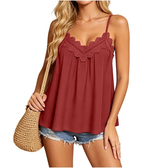 SHTXOZHI Womens Plus Size Tank Top Lace Trim V Neck Spaghetti Strap Shirt Summer Beach Vacation Pleated Flowy Blouse