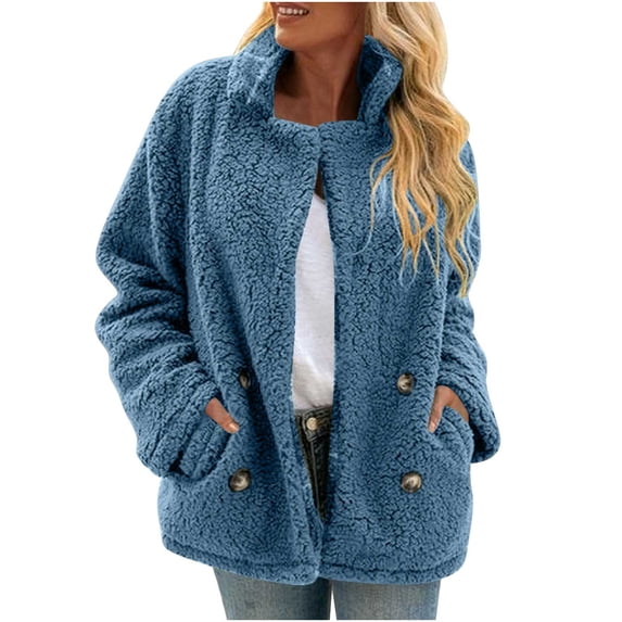 SHTXOZHI Womens Sherpa Fleece Jackets Stand Collar Fuzzy Plush Coats Warm Outerwear with Pockets