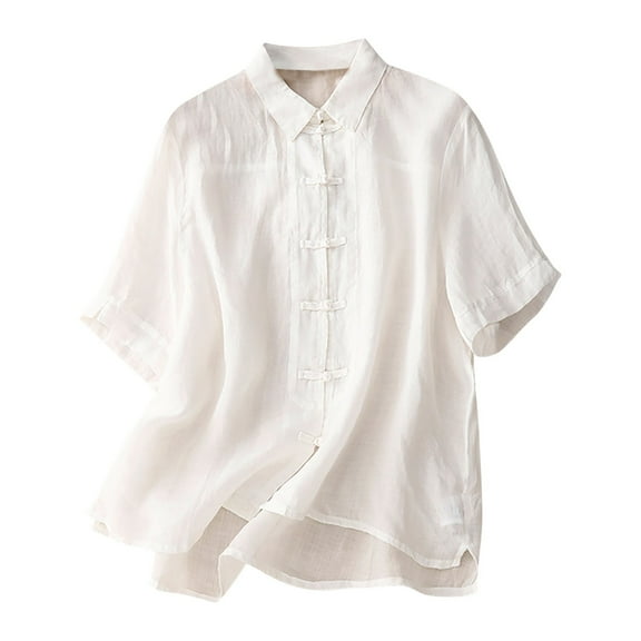 SHTXOZHI Womens Short Sleeve Cotton Linen Shirts Button Down Collared Blouses Summer Casual Tops