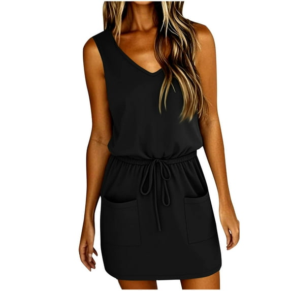 SHTXOZHI Womens Sleeveless V Neck Tank Dress Summer Casual Drawstring Short Dress with Pockets