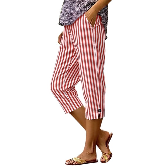 SHTXOZHI Womens Striped Capri Pants Linen Elastic Waist Straight Leg Capris Casual Travel Trousers with Pockets