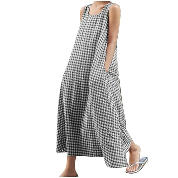 SHTXOZHI Womens Summer Sleeveless Plaid Dresses Crewneck Casual Maxi Sundresses with Pockets