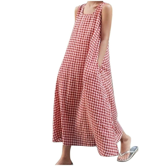 SHTXOZHI Womens Summer Sleeveless Plaid Dresses Crewneck Casual Maxi Sundresses with Pockets