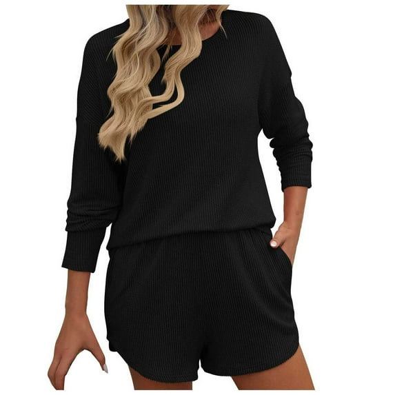 SHTXOZHI Womens Two Piece Outfits Trendy Long Sleeve Crewneck Tops Shorts Lounge Set with Pockets