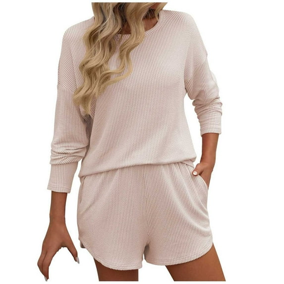SHTXOZHI Womens Two Piece Outfits Trendy Long Sleeve Crewneck Tops Shorts Lounge Set with Pockets