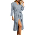 thumbnail image 1 of SHTXOZHI Womens V-Neck Robes Solid Color Long Bathrobe Long Sleeve Basic Homewear Loose Sleepwear with Pocket and Belt, 1 of 7