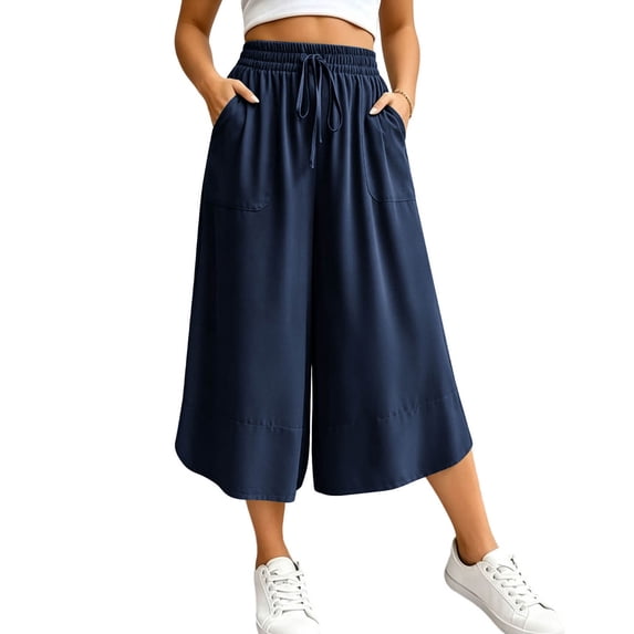 SHTXOZHI Womens Wide Leg Cropped Pants Drawstring Elastic Waisted Loose Capris Casual Work Trousers with Pockets