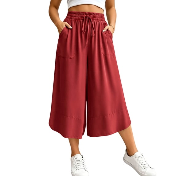 SHTXOZHI Womens Wide Leg Cropped Pants Drawstring Elastic Waisted Loose Capris Casual Work Trousers with Pockets