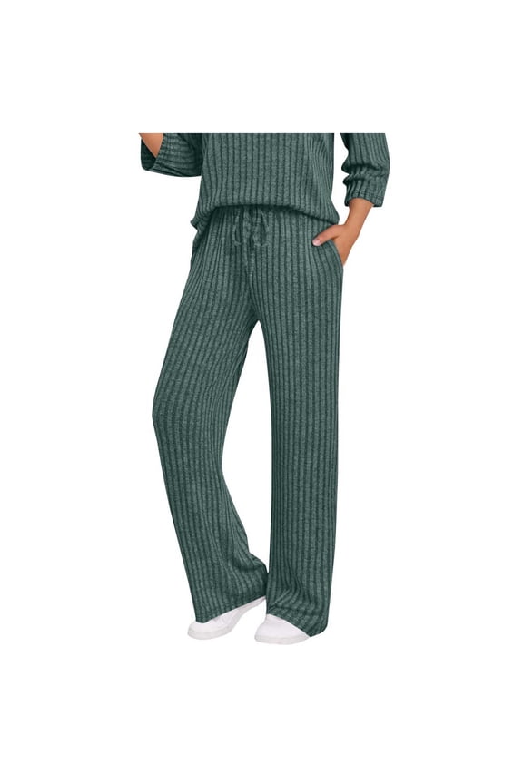 Womens Wide Leg Pants Elastic Waist Drawstring Knit Pants Lounge Trousers with Pockets