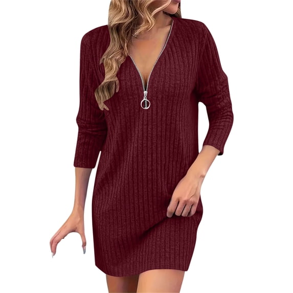 SHTXOZHI Womens Zipper V Neck Long Sleeve Dresses Casual Knitted Fall Winter Sweater Dress