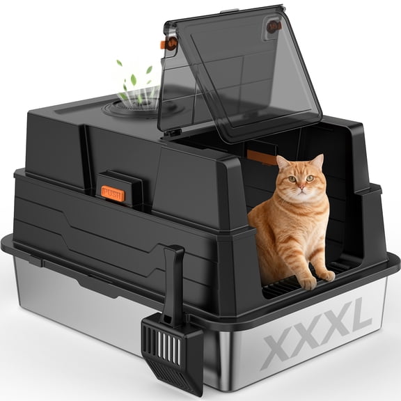 SHU UFANRO XXXL Cat Litter Box, Extra Large Litter Box for Multiple Cats, Giant Enclosed Cat Litter Boxes for Big Cats, Metal Cat Litter Box with Scoop, Black