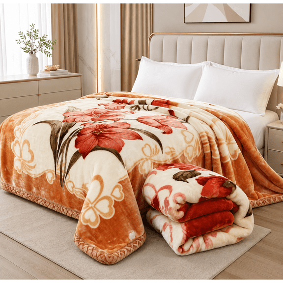 SHUBOZY Heavyweight King Size Blanket, 85 x 95 in, 12 lb 2-Ply Reversible Korean Faux Mink Raschel Plush Fleece Winter Bed Blanket, Gold/Orange