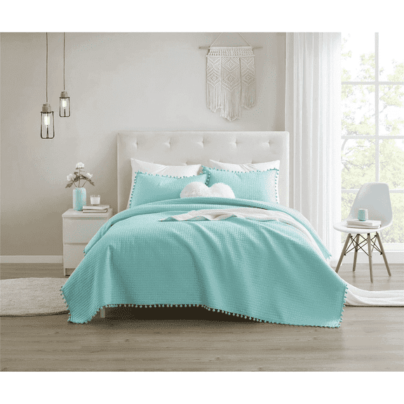 SHUBOZYboho Pom Pom Ball Fringe Twin Quilt Sets, 3 Pieces Blue Lightweight Down Alternative Bedding Quilt Sets for all seasons