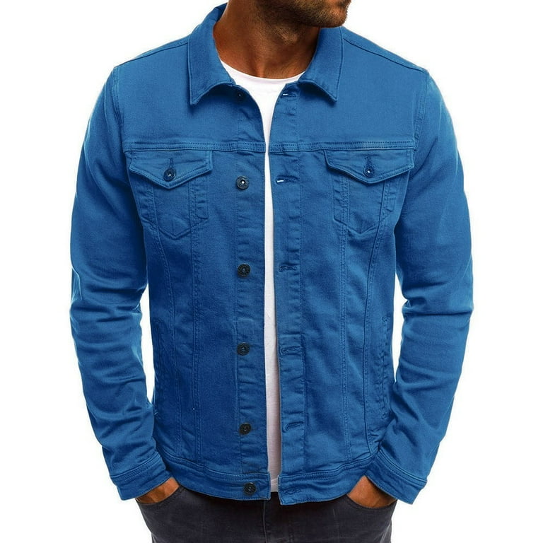 Blue solid denim jacket hot sale