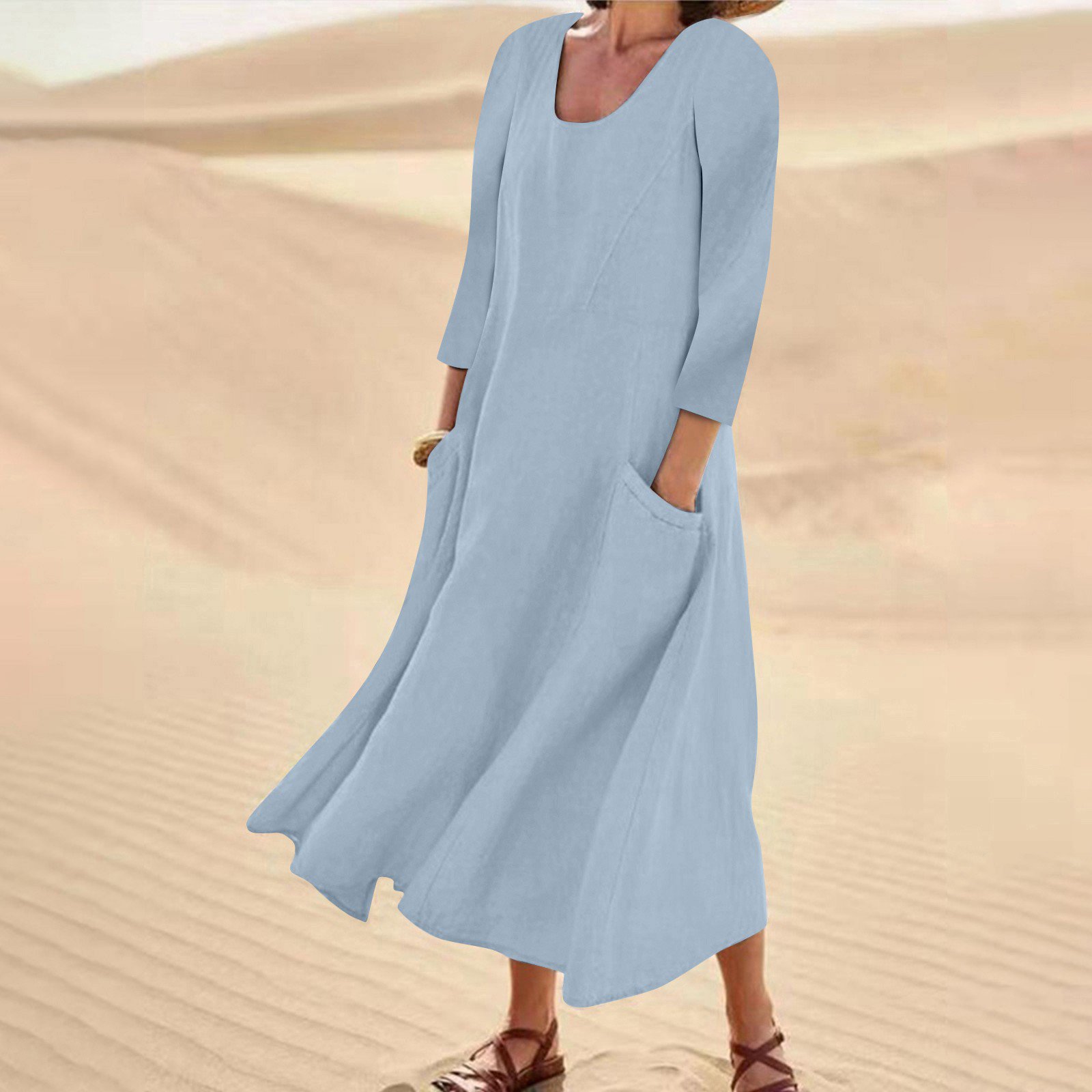 SHUDAGENG Plus Size Summer Dresses Fashion Casual Solid Colour Sleeve Cotton Linen Pocket