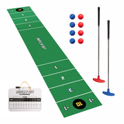 Shuffle N Putt, Shuffleboard Golf Game Set, 13 Pieces with 9.8-Foot Mat, Adjustable Putters, and Rubber Balls, by MinnARK