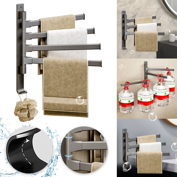 SHULIN 180 Degree Rotating Pole Bathroom Towel Rack, Punch Free Space Aluminum Storage Shelf, Multifunctional Wall Mounted Towel Bar with Hooks for Bathroom Washroom Laundry