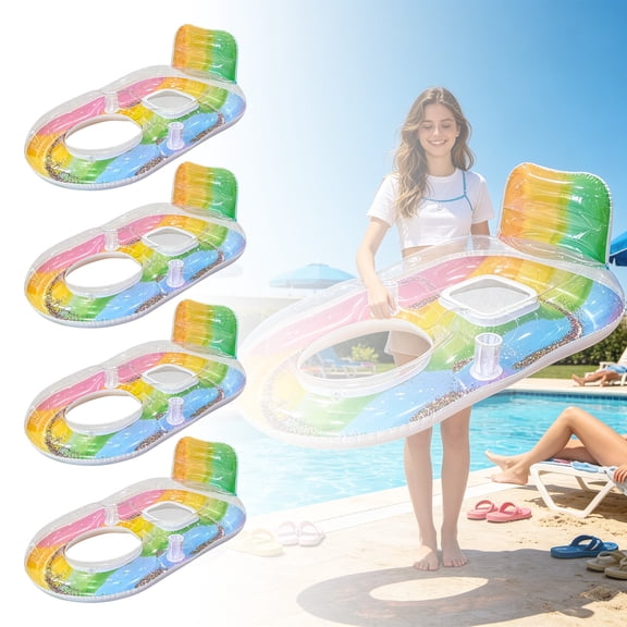SHULIN Inflatable Pool Lounge Float for Adults, Water Floating Recliner Chair with Cup Holders & Foot Rest, Colorful Sequin Swimming Pool Raft Floaty,35" x 55"