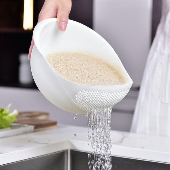 SHULIN Multifunctional Rice Washer and Strainer Bowl – Food Grade Plastic Fine Mesh Colander for Washing Rice Beans Peas Fruits and Vegetables,Kitchen Strainer Tool.White
