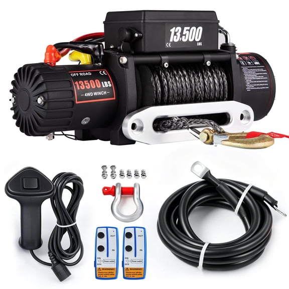 SHUNJITAI 13500LBS Offroad Electric Winch – 12V Synthetic Rope, 6.5HP Motor, Wireless Remote & Handheld Control for Truck/SUV